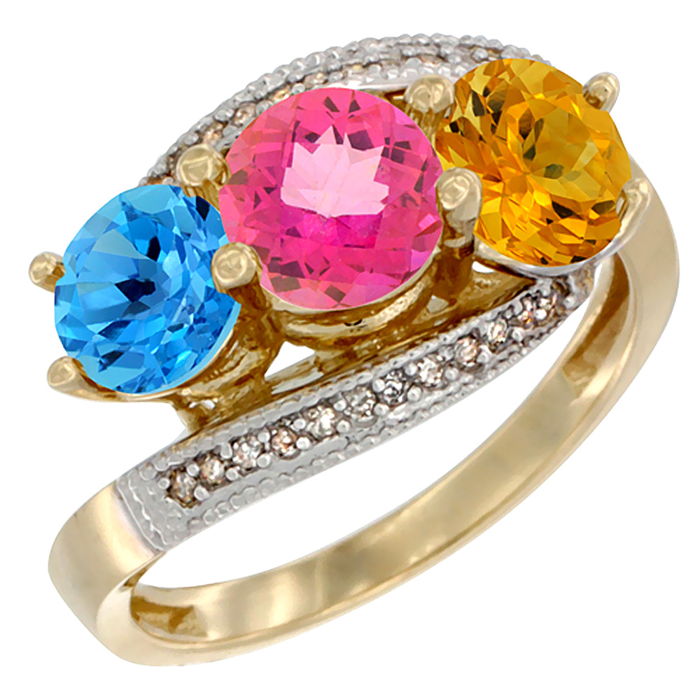 14K Yellow Gold Natural Swiss Blue Topaz, Pink Topaz & Citrine 3 stone Ring Round 6mm Diamond Accent, sizes 5 - 10