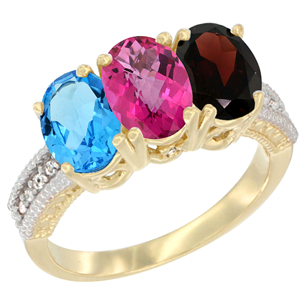 14K Yellow Gold Natural Swiss Blue Topaz, Pink Topaz & Garnet Ring 3-Stone 7x5 mm Oval Diamond Accent, sizes 5 - 10