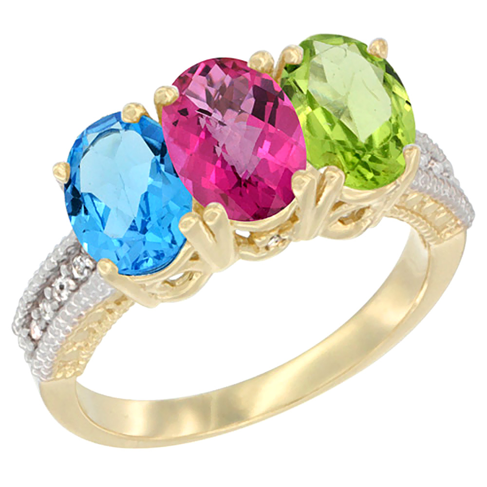 10K Yellow Gold Diamond Natural Swiss Blue Topaz, Pink Topaz &amp; Peridot Ring 3-Stone Oval 7x5 mm, sizes 5 - 10