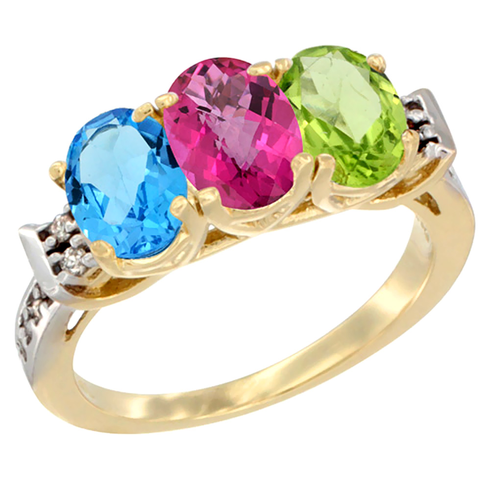 10K Yellow Gold Natural Swiss Blue Topaz, Pink Topaz &amp; Peridot Ring 3-Stone Oval 7x5 mm Diamond Accent, sizes 5 - 10