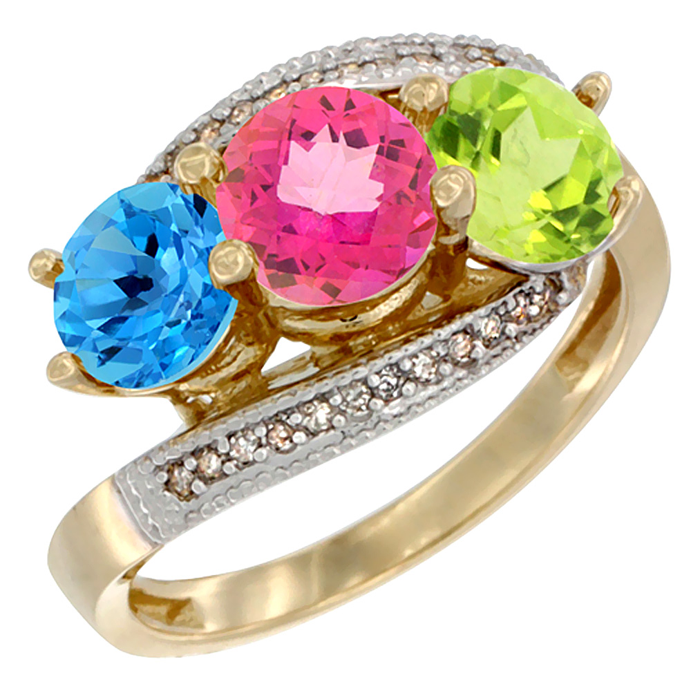 10K Yellow Gold Natural Swiss Blue Topaz, Pink Topaz &amp; Peridot 3 stone Ring Round 6mm Diamond Accent, sizes 5 - 10