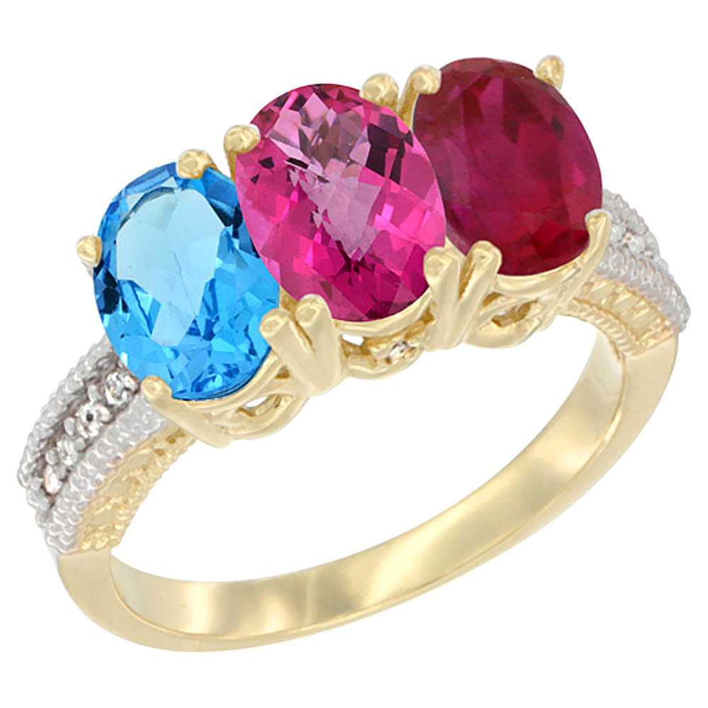 14K Yellow Gold Natural Swiss Blue Topaz, Pink Topaz & Enhanced Ruby Ring 3-Stone 7x5 mm Oval Diamond Accent, sizes 5 - 10