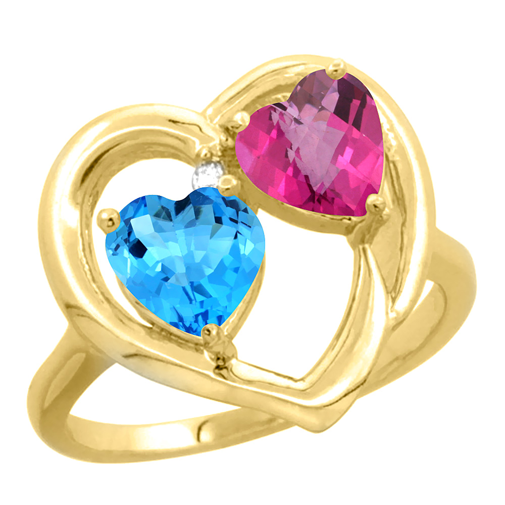 14K Yellow Gold Diamond Two-stone Heart Ring 6mm Natural Swiss Blue & Pink Topaz, sizes 5-10