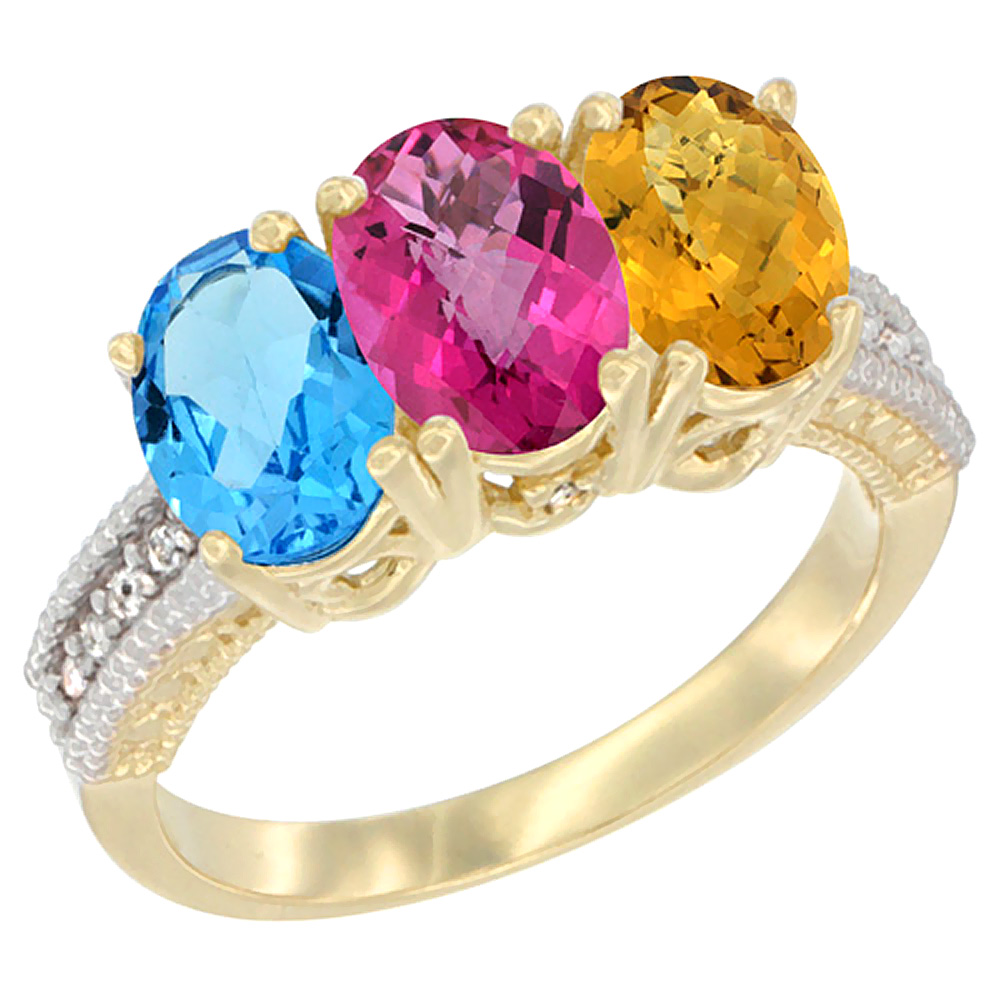 14K Yellow Gold Natural Swiss Blue Topaz, Pink Topaz &amp; Whisky Quartz Ring 3-Stone 7x5 mm Oval Diamond Accent, sizes 5 - 10