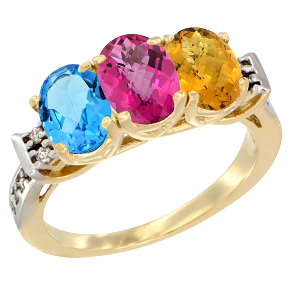 14K Yellow Gold Natural Swiss Blue Topaz, Pink Topaz & Whisky Quartz Ring 3-Stone 7x5 mm Oval Diamond Accent, sizes 5 - 10