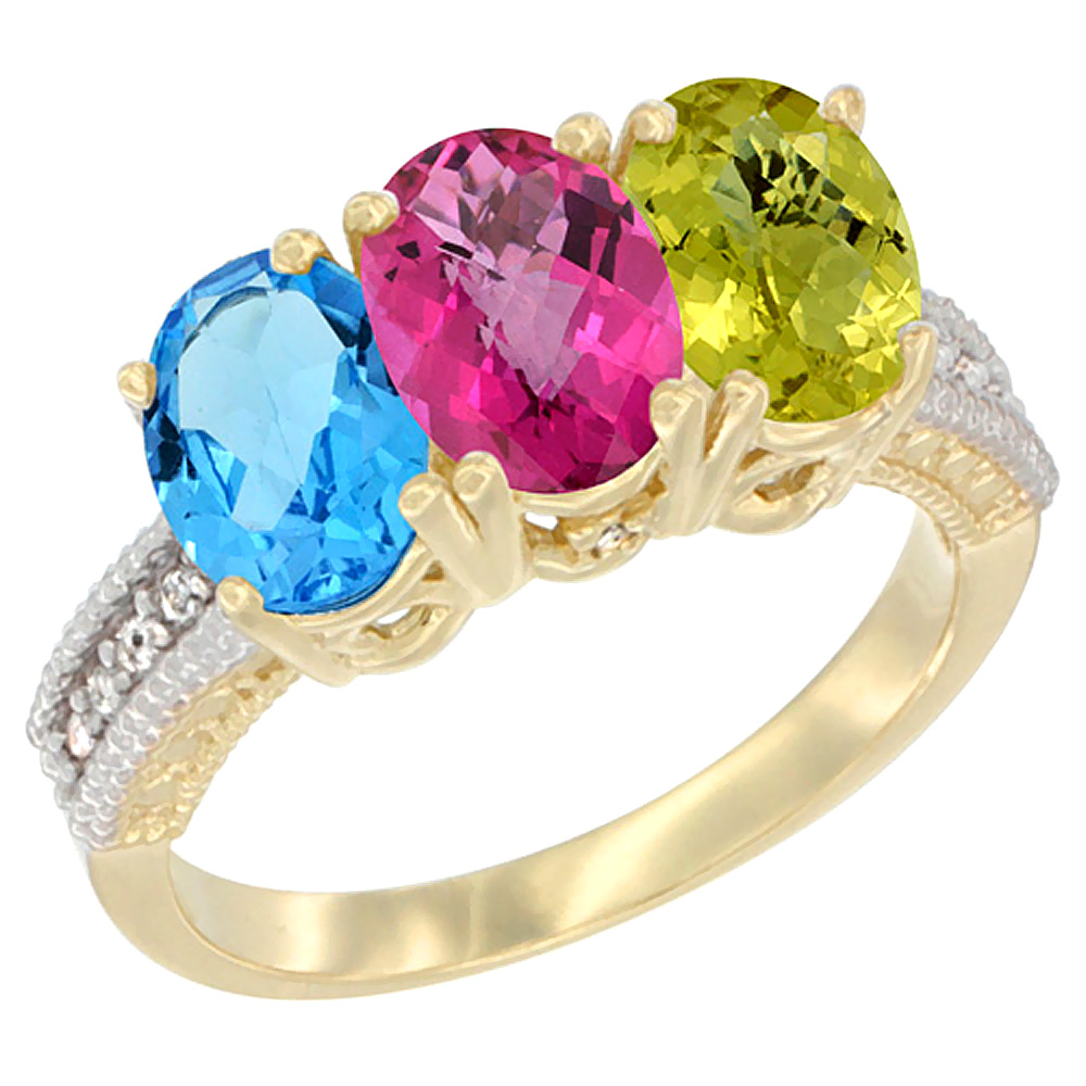 10K Yellow Gold Diamond Natural Swiss Blue Topaz, Pink Topaz & Lemon Quartz Ring 3-Stone Oval 7x5 mm, sizes 5 - 10