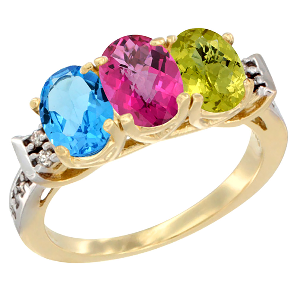 10K Yellow Gold Natural Swiss Blue Topaz, Pink Topaz & Lemon Quartz Ring 3-Stone Oval 7x5 mm Diamond Accent, sizes 5 - 10