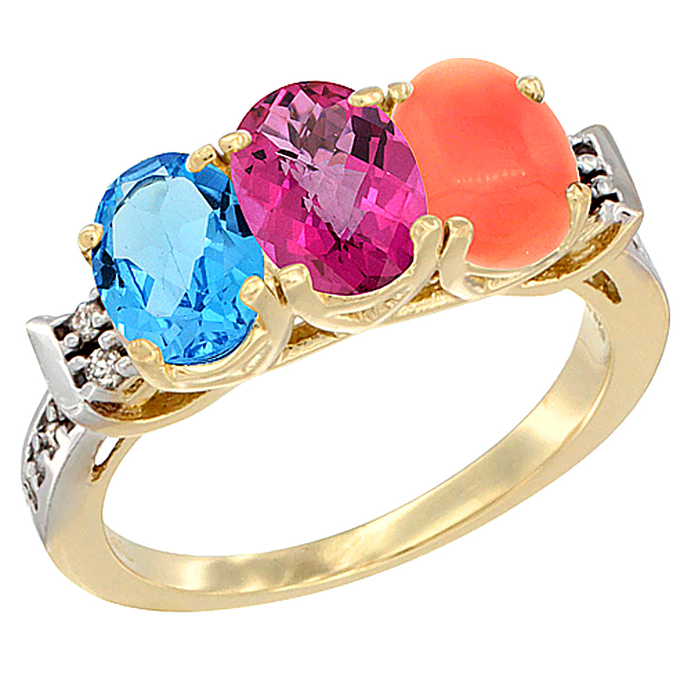 14K Yellow Gold Natural Swiss Blue Topaz, Pink Topaz & Coral Ring 3-Stone 7x5 mm Oval Diamond Accent, sizes 5 - 10