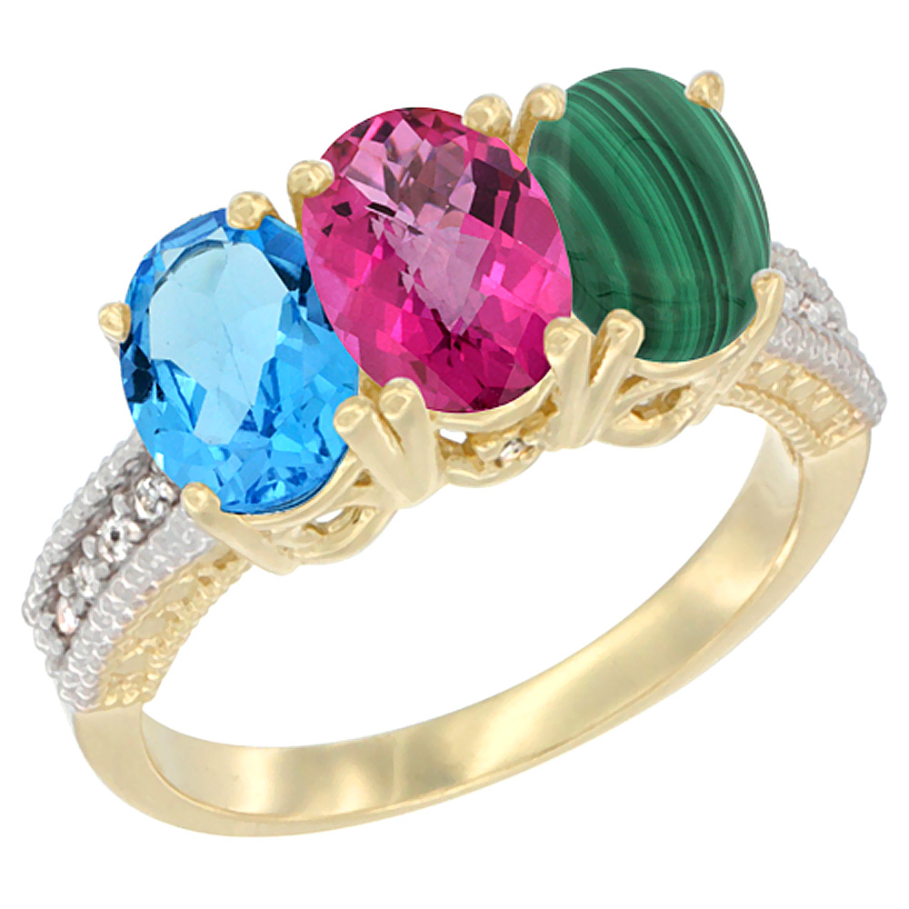 14K Yellow Gold Natural Swiss Blue Topaz, Pink Topaz & Malachite Ring 3-Stone 7x5 mm Oval Diamond Accent, sizes 5 - 10