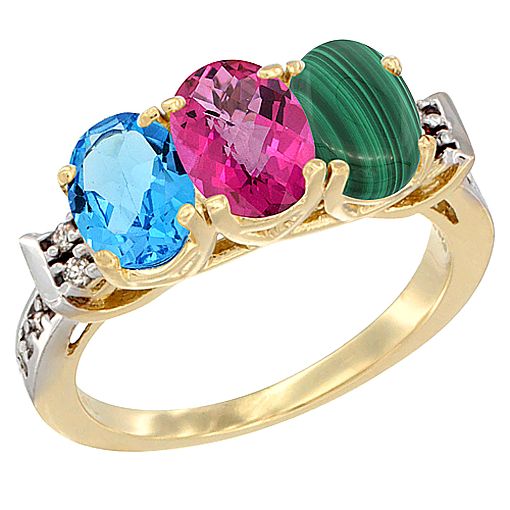 10K Yellow Gold Natural Swiss Blue Topaz, Pink Topaz &amp; Malachite Ring 3-Stone Oval 7x5 mm Diamond Accent, sizes 5 - 10