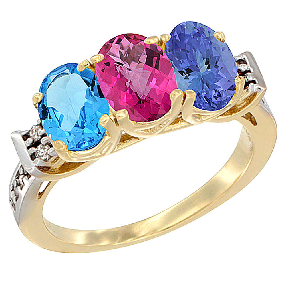 14K Yellow Gold Natural Swiss Blue Topaz, Pink Topaz & Tanzanite Ring 3-Stone 7x5 mm Oval Diamond Accent, sizes 5 - 10