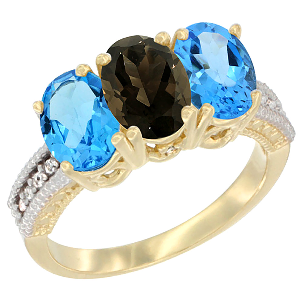 14K Yellow Gold Natural Smoky Topaz &amp; Swiss Blue Topaz Sides Ring 3-Stone 7x5 mm Oval Diamond Accent, sizes 5 - 10