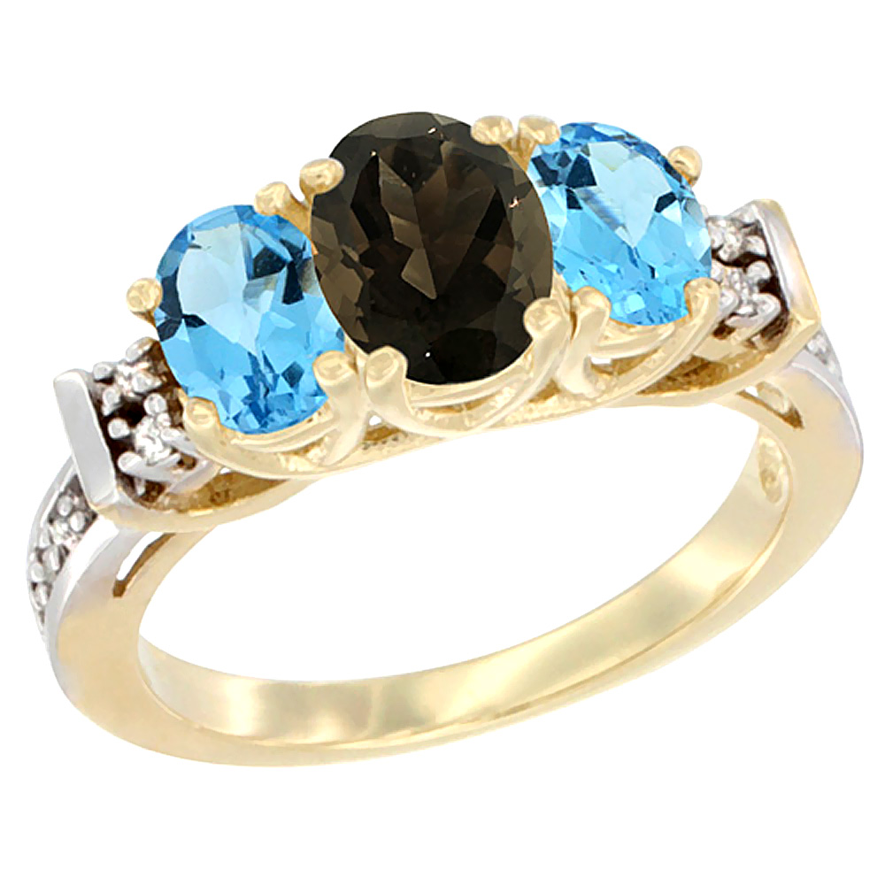 10K Yellow Gold Natural Smoky Topaz & Swiss Blue Topaz Ring 3-Stone Oval Diamond Accent