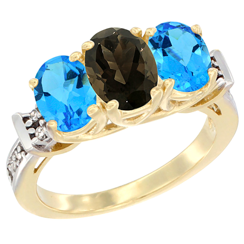 14K Yellow Gold Natural Smoky Topaz &amp; Swiss Blue Topaz Sides Ring 3-Stone Oval Diamond Accent, sizes 5 - 10