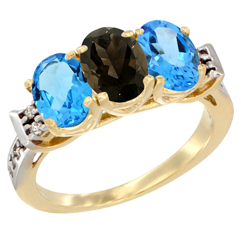 10K Yellow Gold Natural Smoky Topaz & Swiss Blue Topaz Sides Ring 3-Stone Oval 7x5 mm Diamond Accent, sizes 5 - 10