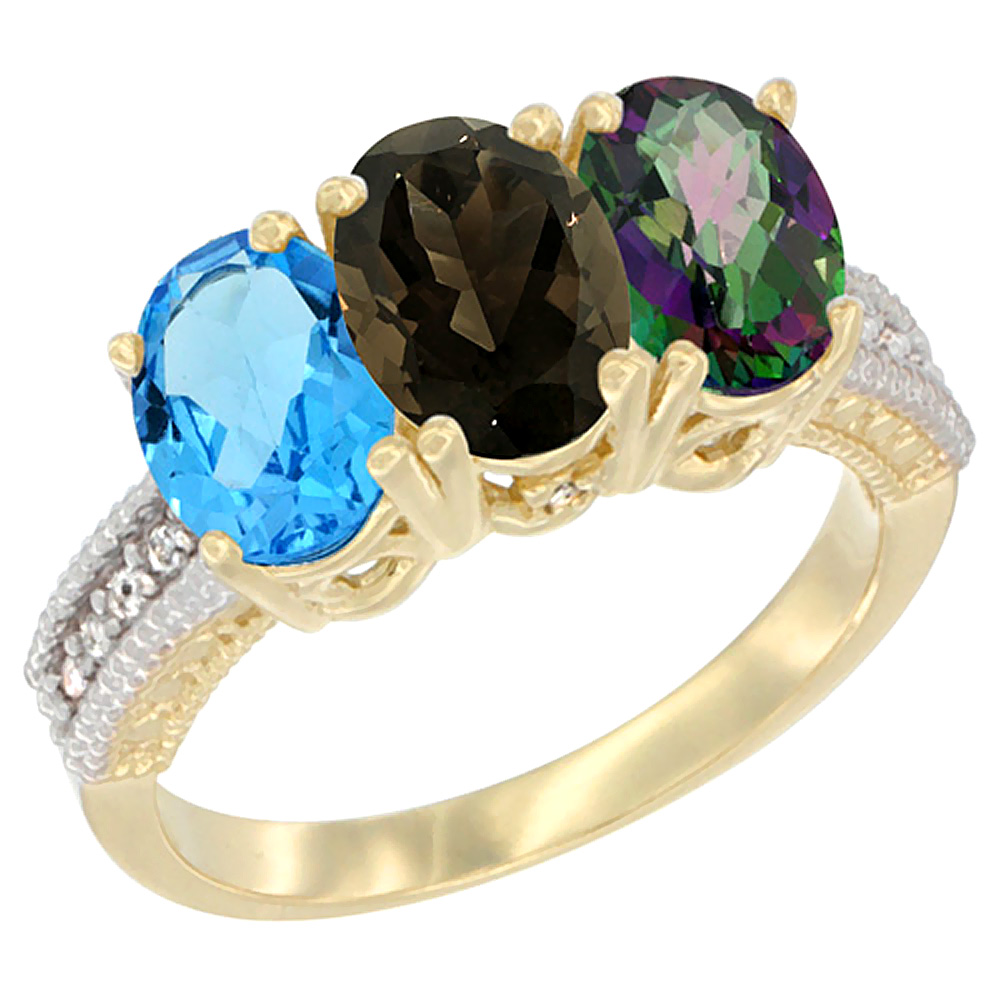 10K Yellow Gold Diamond Natural Swiss Blue Topaz, Smoky Topaz & Mystic Topaz Ring 3-Stone Oval 7x5 mm, sizes 5 - 10