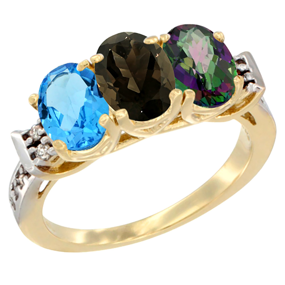 14K Yellow Gold Natural Swiss Blue Topaz, Smoky Topaz & Mystic Topaz Ring 3-Stone 7x5 mm Oval Diamond Accent, sizes 5 - 10