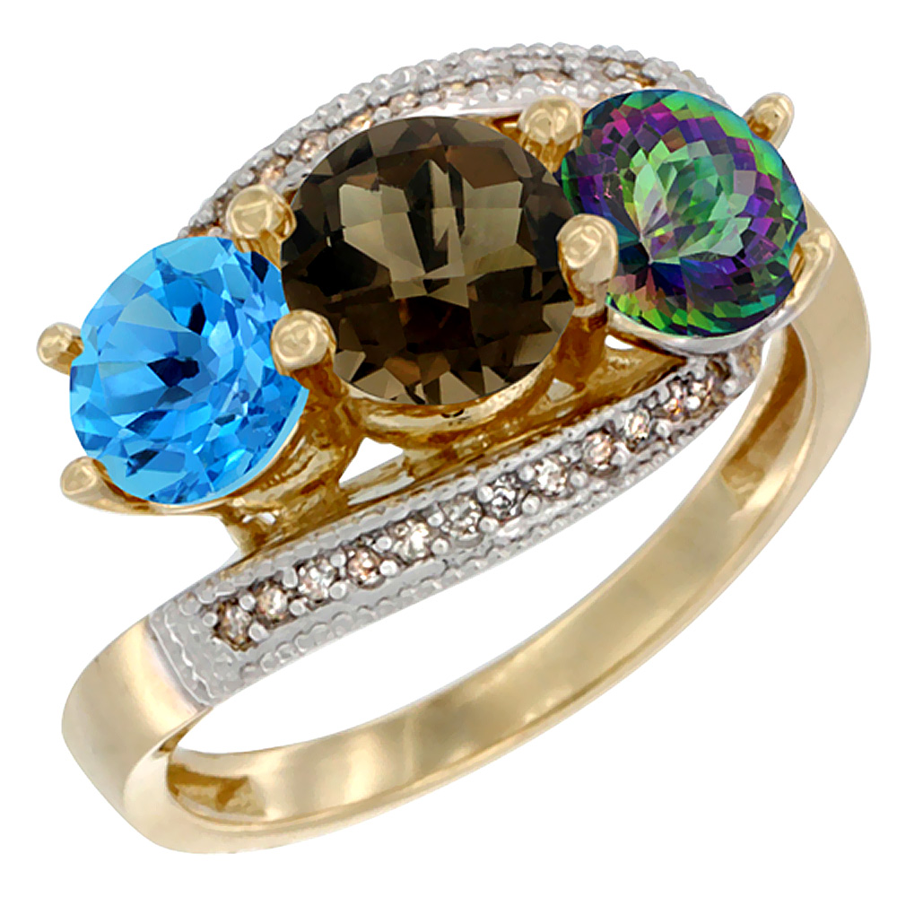 14K Yellow Gold Natural Swiss Blue Topaz, Smoky &amp; Mystic Topaz 3 stone Ring Round 6mm Diamond Accent, sizes 5 - 10