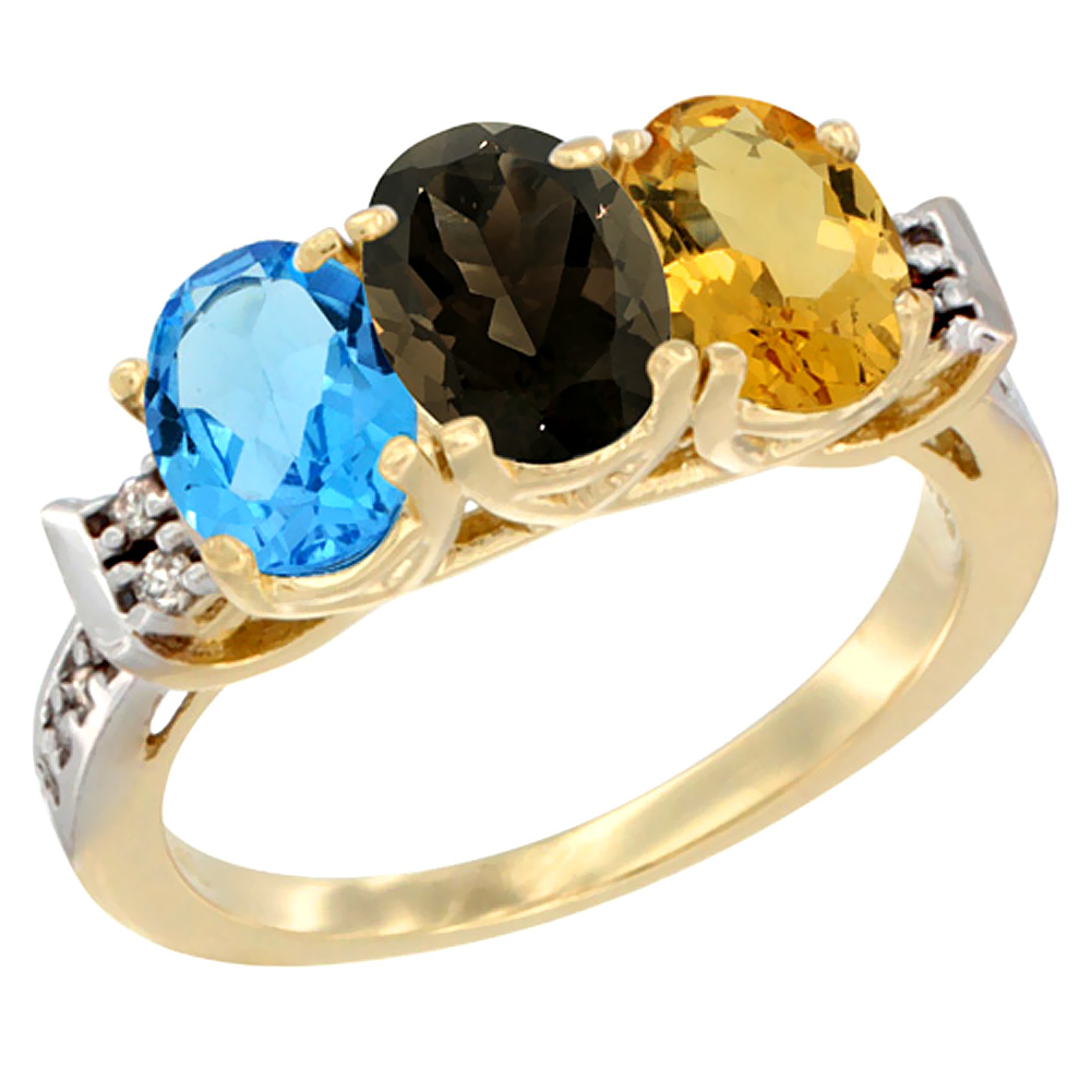 14K Yellow Gold Natural Swiss Blue Topaz, Smoky Topaz & Citrine Ring 3-Stone 7x5 mm Oval Diamond Accent, sizes 5 - 10