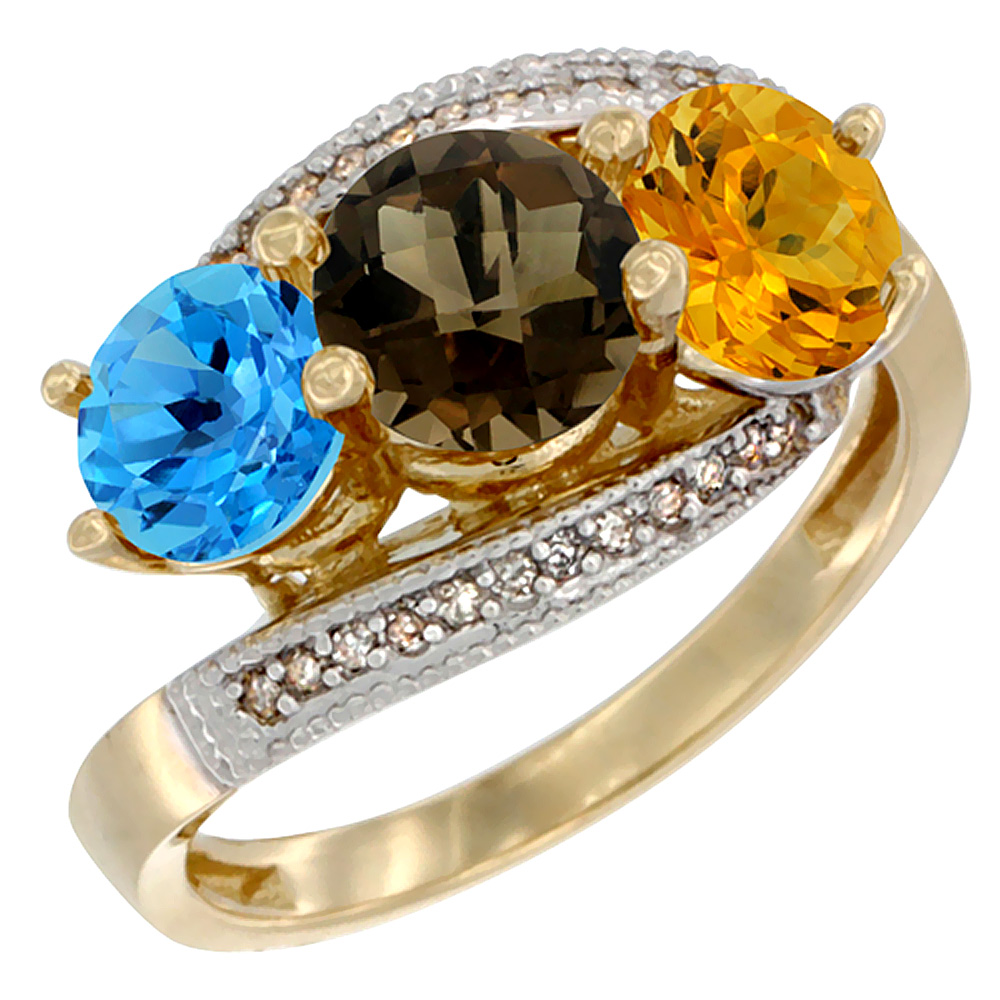 14K Yellow Gold Natural Swiss Blue Topaz, Smoky Topaz & Citrine 3 stone Ring Round 6mm Diamond Accent, sizes 5 - 10