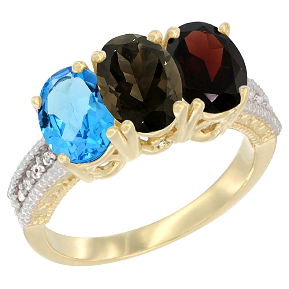 14K Yellow Gold Natural Swiss Blue Topaz, Smoky Topaz & Garnet Ring 3-Stone 7x5 mm Oval Diamond Accent, sizes 5 - 10