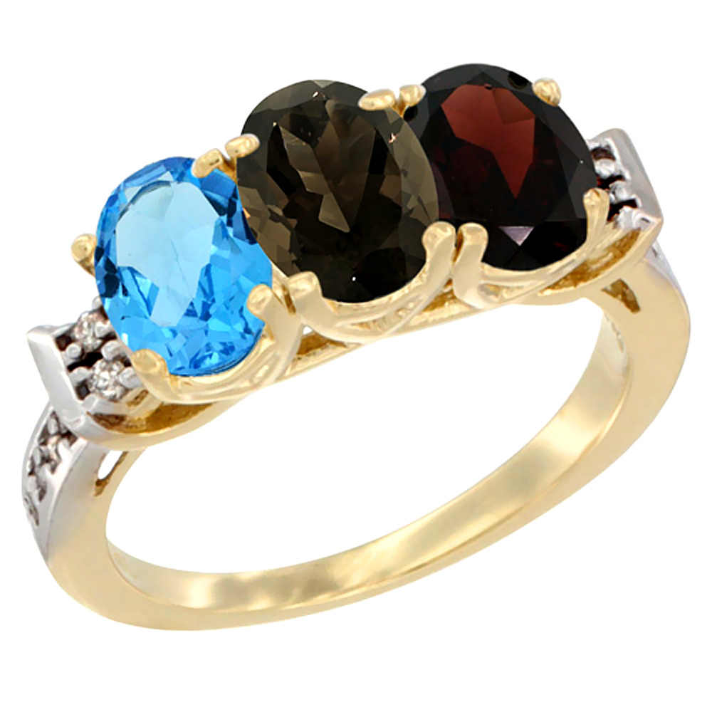 10K Yellow Gold Natural Swiss Blue Topaz, Smoky Topaz & Garnet Ring 3-Stone Oval 7x5 mm Diamond Accent, sizes 5 - 10