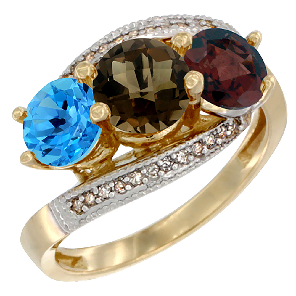 10K Yellow Gold Natural Swiss Blue Topaz, Smoky Topaz & Garnet 3 stone Ring Round 6mm Diamond Accent, sizes 5 - 10