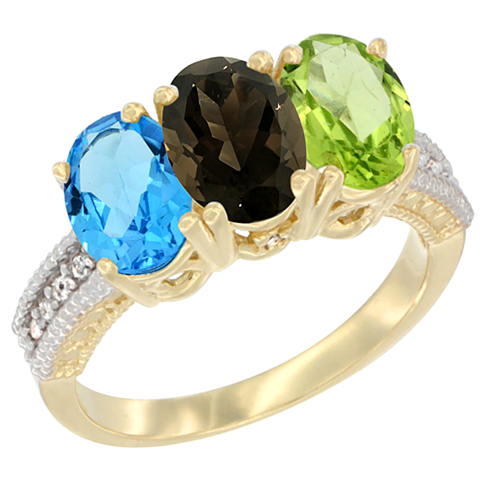 10K Yellow Gold Diamond Natural Swiss Blue Topaz, Smoky Topaz &amp; Peridot Ring 3-Stone Oval 7x5 mm, sizes 5 - 10