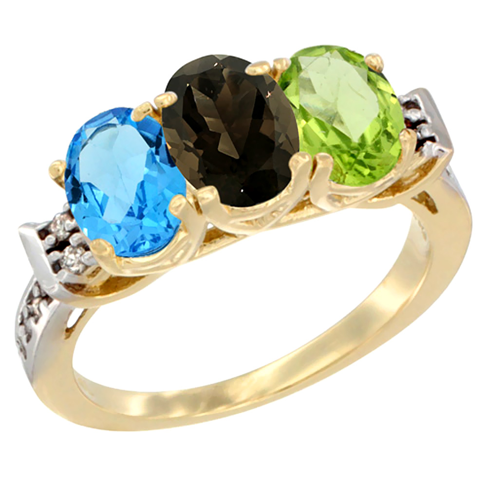 10K Yellow Gold Natural Swiss Blue Topaz, Smoky Topaz & Peridot Ring 3-Stone Oval 7x5 mm Diamond Accent, sizes 5 - 10