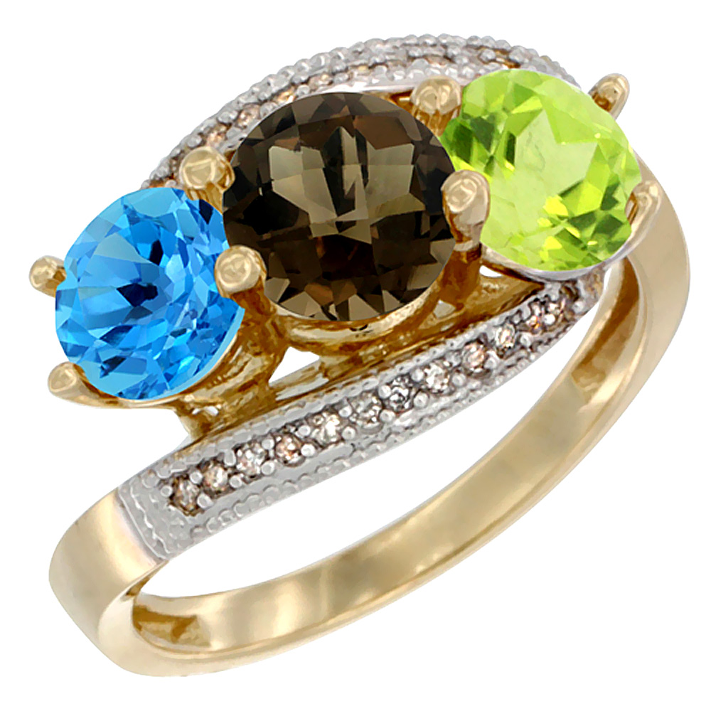 10K Yellow Gold Natural Swiss Blue Topaz, Smoky Topaz &amp; Peridot 3 stone Ring Round 6mm Diamond Accent, sizes 5 - 10