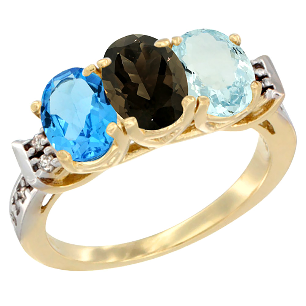 14K Yellow Gold Natural Swiss Blue Topaz, Smoky Topaz & Aquamarine Ring 3-Stone 7x5 mm Oval Diamond Accent, sizes 5 - 10