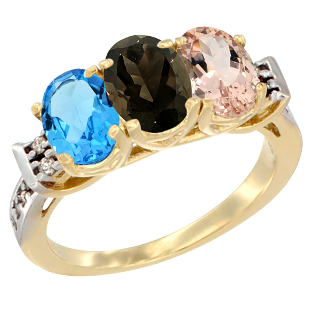 10K Yellow Gold Natural Swiss Blue Topaz, Smoky Topaz & Morganite Ring 3-Stone Oval 7x5 mm Diamond Accent, sizes 5 - 10