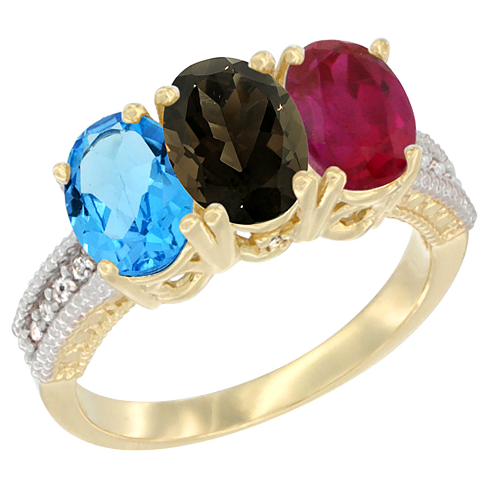 14K Yellow Gold Natural Swiss Blue Topaz, Smoky Topaz & Enhanced Ruby Ring 3-Stone 7x5 mm Oval Diamond Accent, sizes 5 - 10