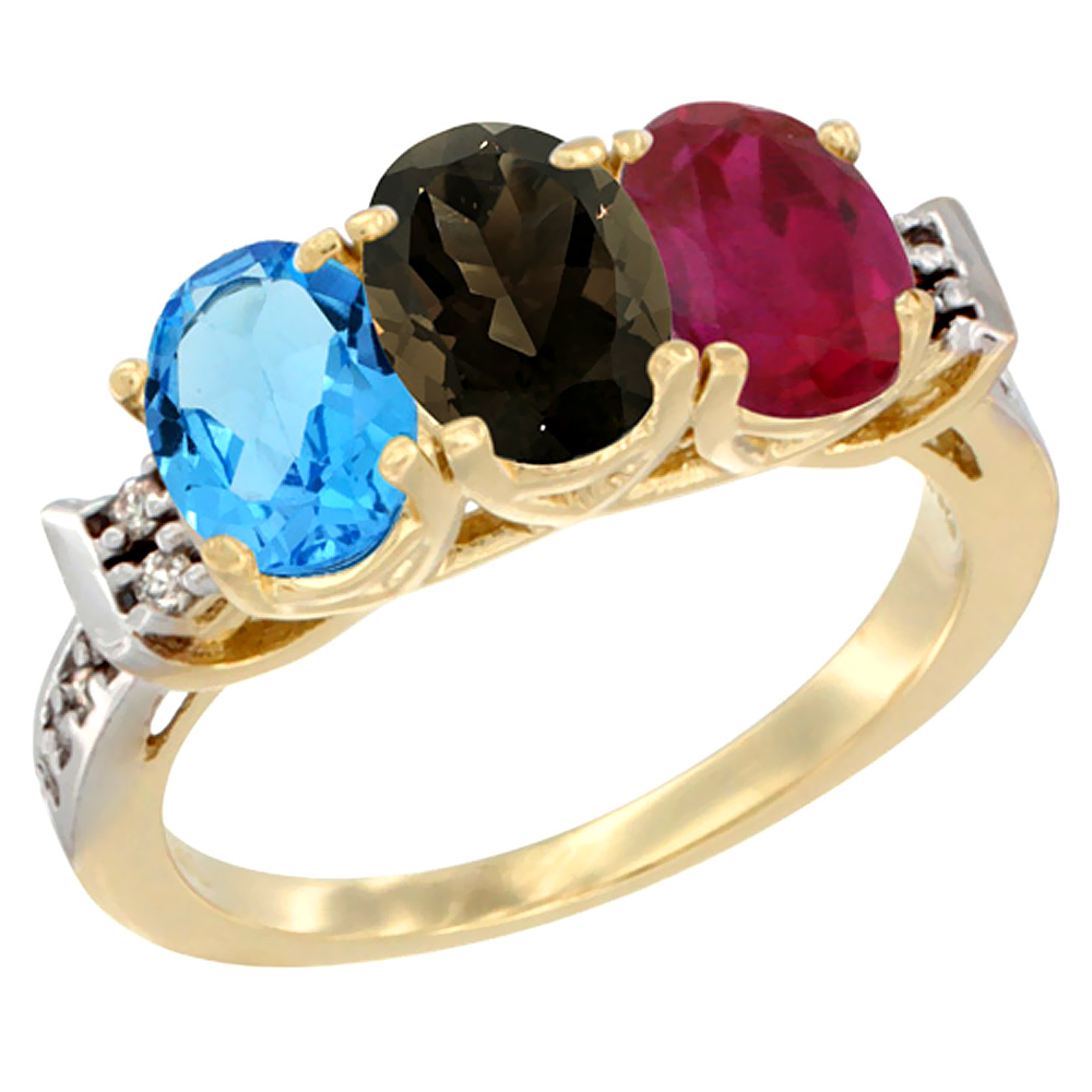 10K Yellow Gold Natural Swiss Blue Topaz, Smoky Topaz & Enhanced Ruby Ring 3-Stone Oval 7x5 mm Diamond Accent, sizes 5 - 10