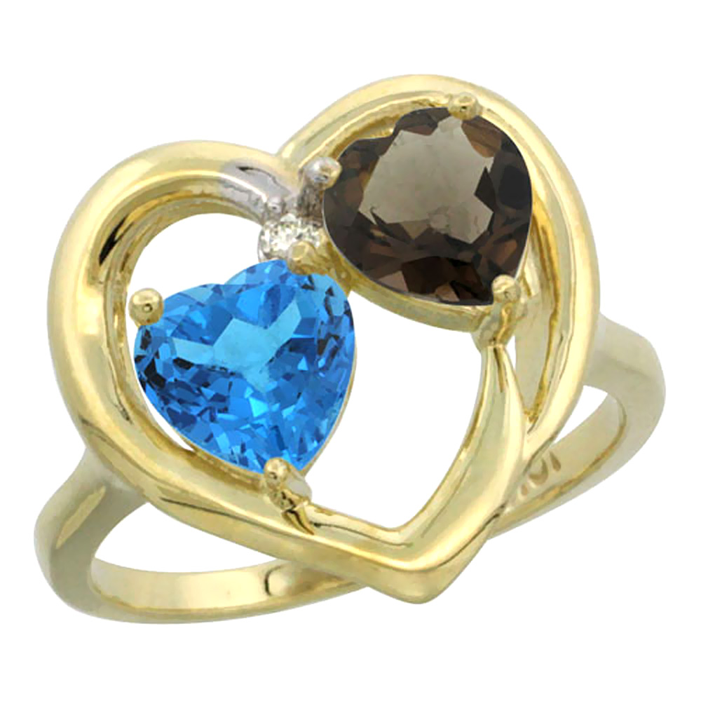 14K Yellow Gold Diamond Two-stone Heart Ring 6mm Natural Swiss Blue &amp; Smoky Topaz, sizes 5-10