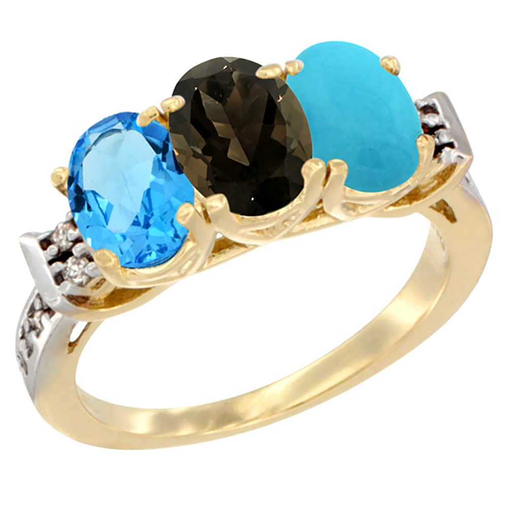 14K Yellow Gold Natural Swiss Blue Topaz, Smoky Topaz & Turquoise Ring 3-Stone 7x5 mm Oval Diamond Accent, sizes 5 - 10