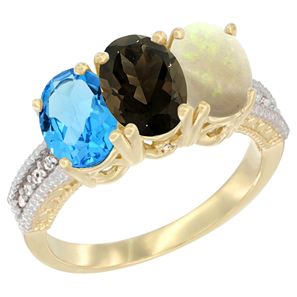 10K Yellow Gold Diamond Natural Swiss Blue Topaz, Smoky Topaz &amp; Opal Ring 3-Stone Oval 7x5 mm, sizes 5 - 10