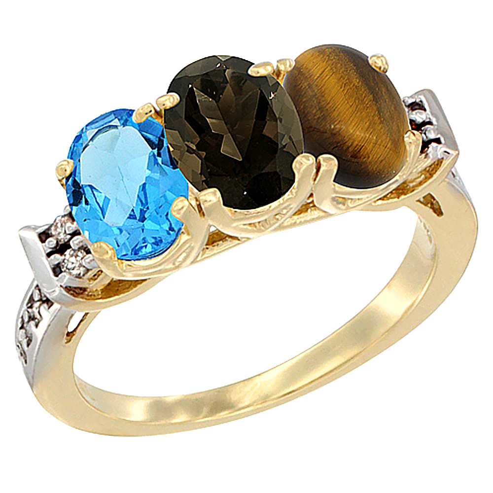 10K Yellow Gold Natural Swiss Blue Topaz, Smoky Topaz & Tiger Eye Ring 3-Stone Oval 7x5 mm Diamond Accent, sizes 5 - 10