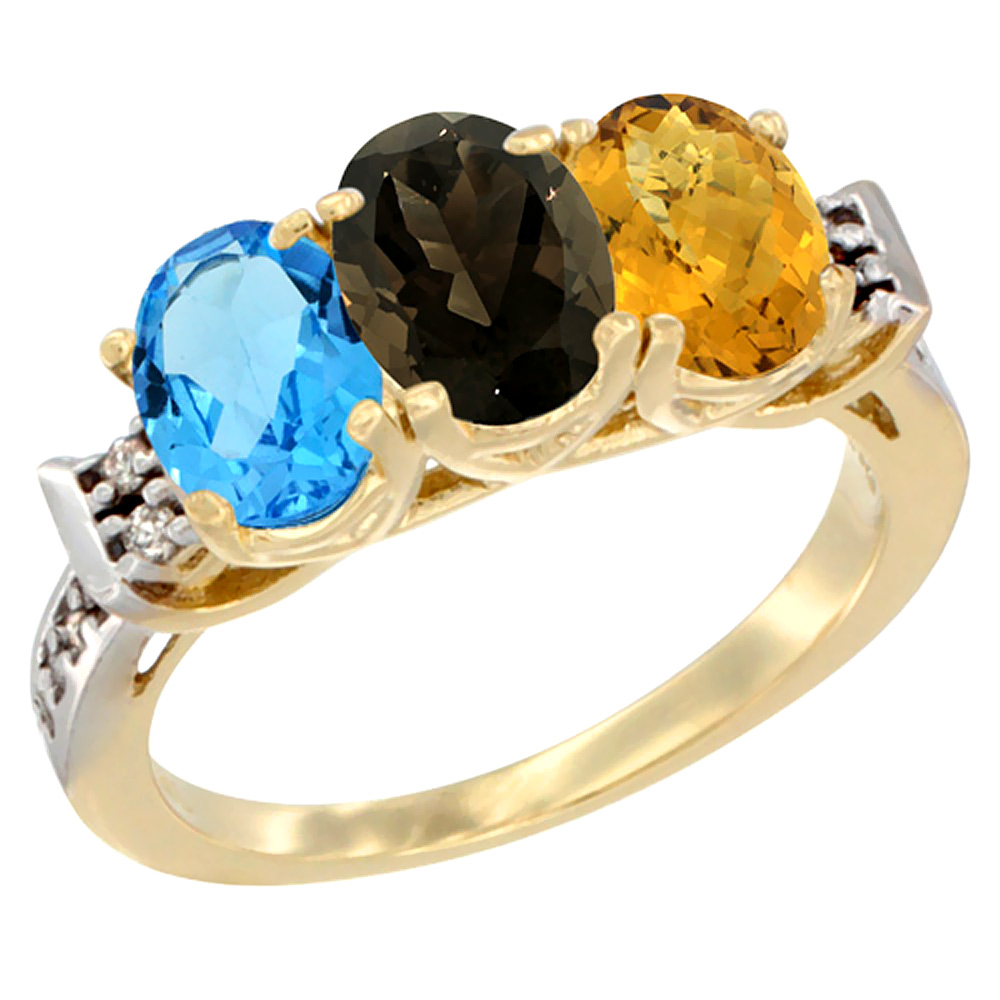 10K Yellow Gold Natural Swiss Blue Topaz, Smoky Topaz & Whisky Quartz Ring 3-Stone Oval 7x5 mm Diamond Accent, sizes 5 - 10