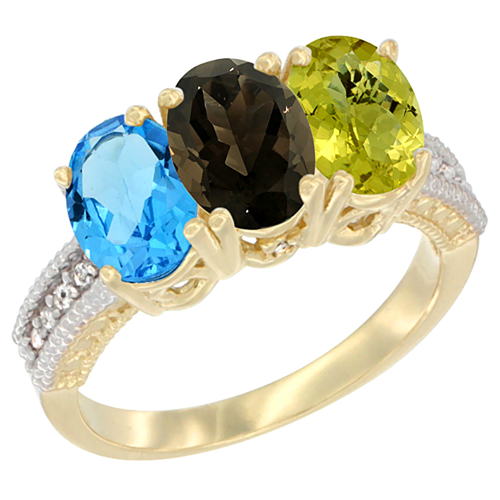 14K Yellow Gold Natural Swiss Blue Topaz, Smoky Topaz & Lemon Quartz Ring 3-Stone 7x5 mm Oval Diamond Accent, sizes 5 - 10