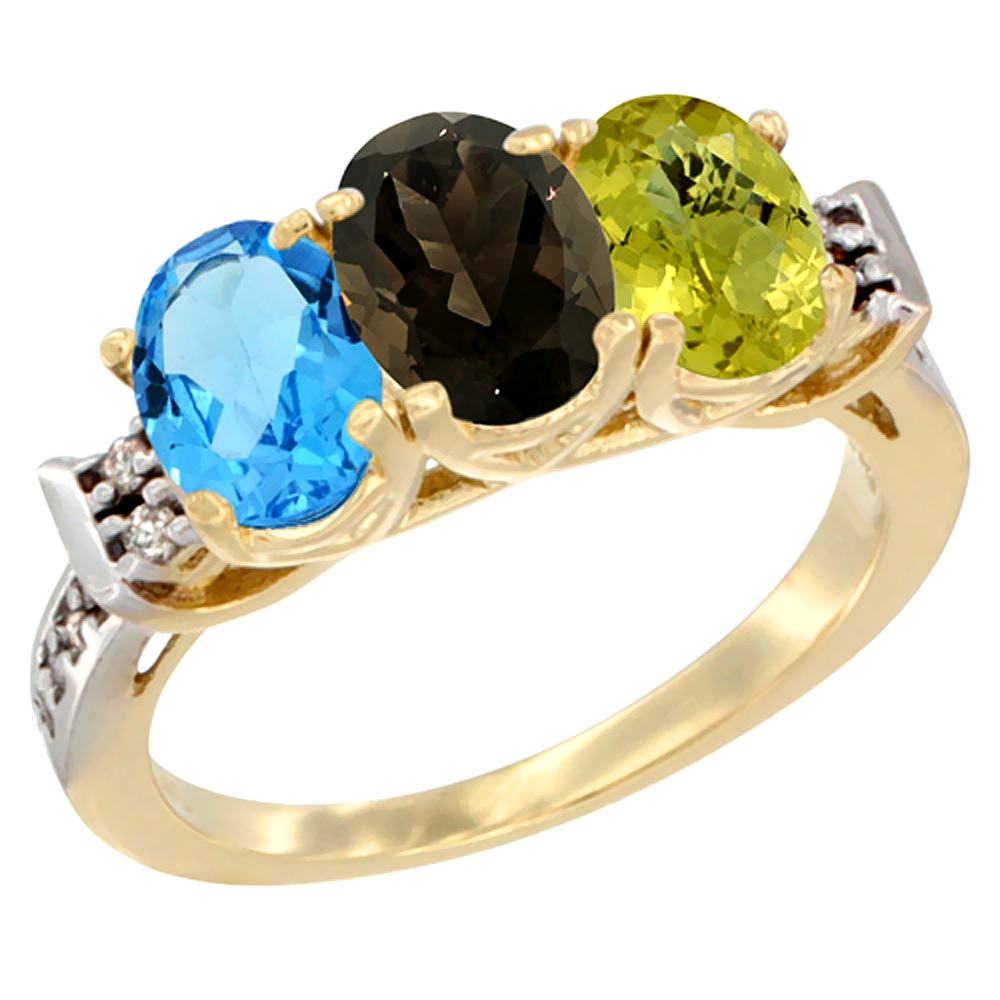 10K Yellow Gold Natural Swiss Blue Topaz, Smoky Topaz & Lemon Quartz Ring 3-Stone Oval 7x5 mm Diamond Accent, sizes 5 - 10