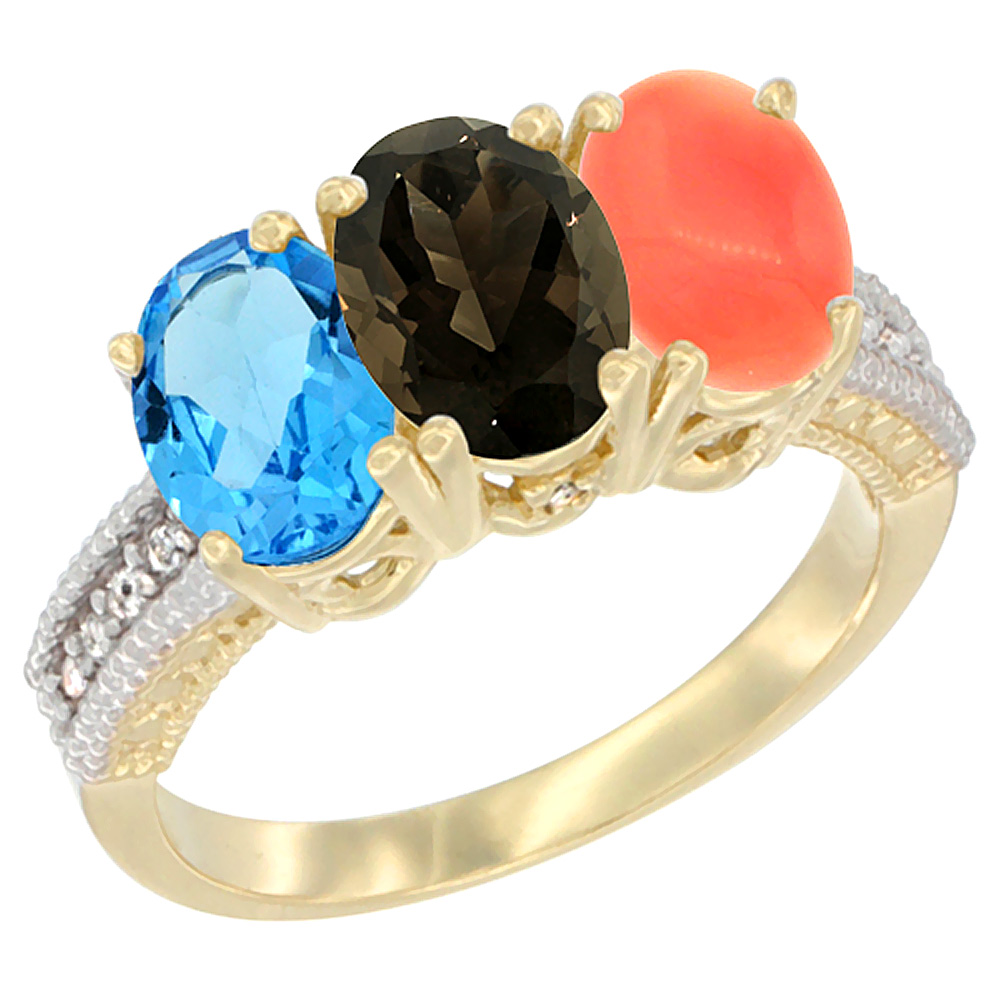 14K Yellow Gold Natural Swiss Blue Topaz, Smoky Topaz & Coral Ring 3-Stone 7x5 mm Oval Diamond Accent, sizes 5 - 10