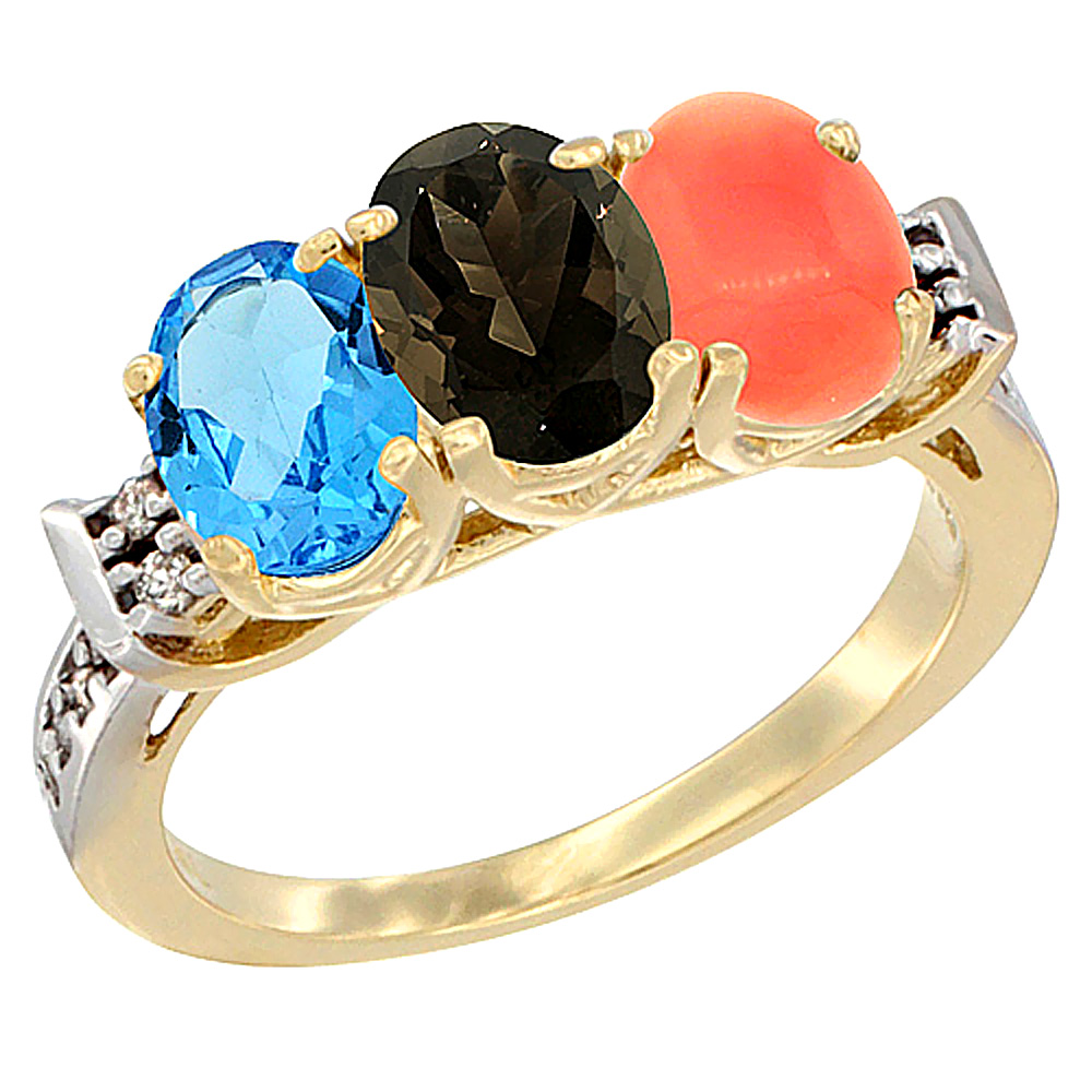 14K Yellow Gold Natural Swiss Blue Topaz, Smoky Topaz &amp; Coral Ring 3-Stone 7x5 mm Oval Diamond Accent, sizes 5 - 10