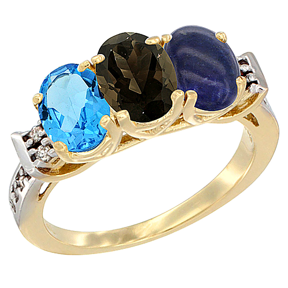 14K Yellow Gold Natural Swiss Blue Topaz, Smoky Topaz & Lapis Ring 3-Stone 7x5 mm Oval Diamond Accent, sizes 5 - 10