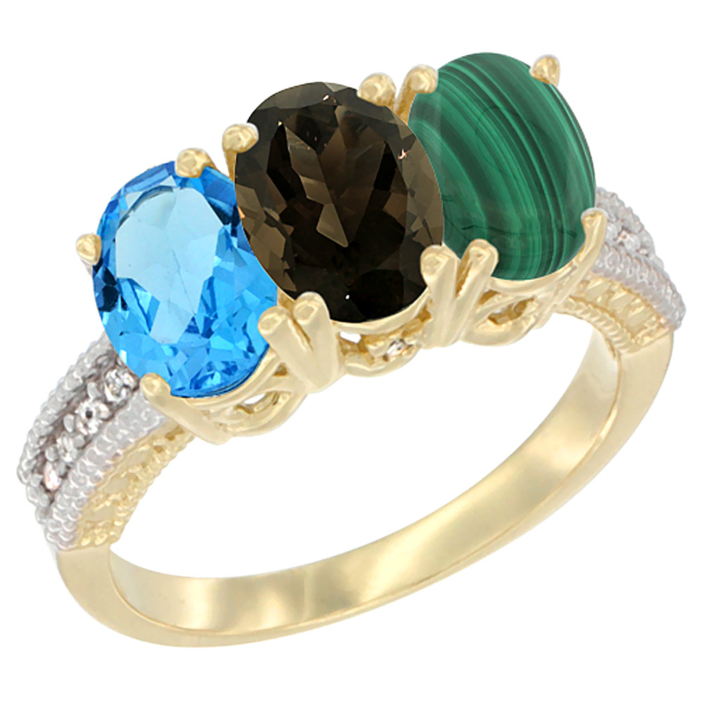 14K Yellow Gold Natural Swiss Blue Topaz, Smoky Topaz & Malachite Ring 3-Stone 7x5 mm Oval Diamond Accent, sizes 5 - 10