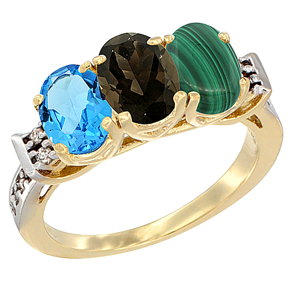 14K Yellow Gold Natural Swiss Blue Topaz, Smoky Topaz & Malachite Ring 3-Stone 7x5 mm Oval Diamond Accent, sizes 5 - 10