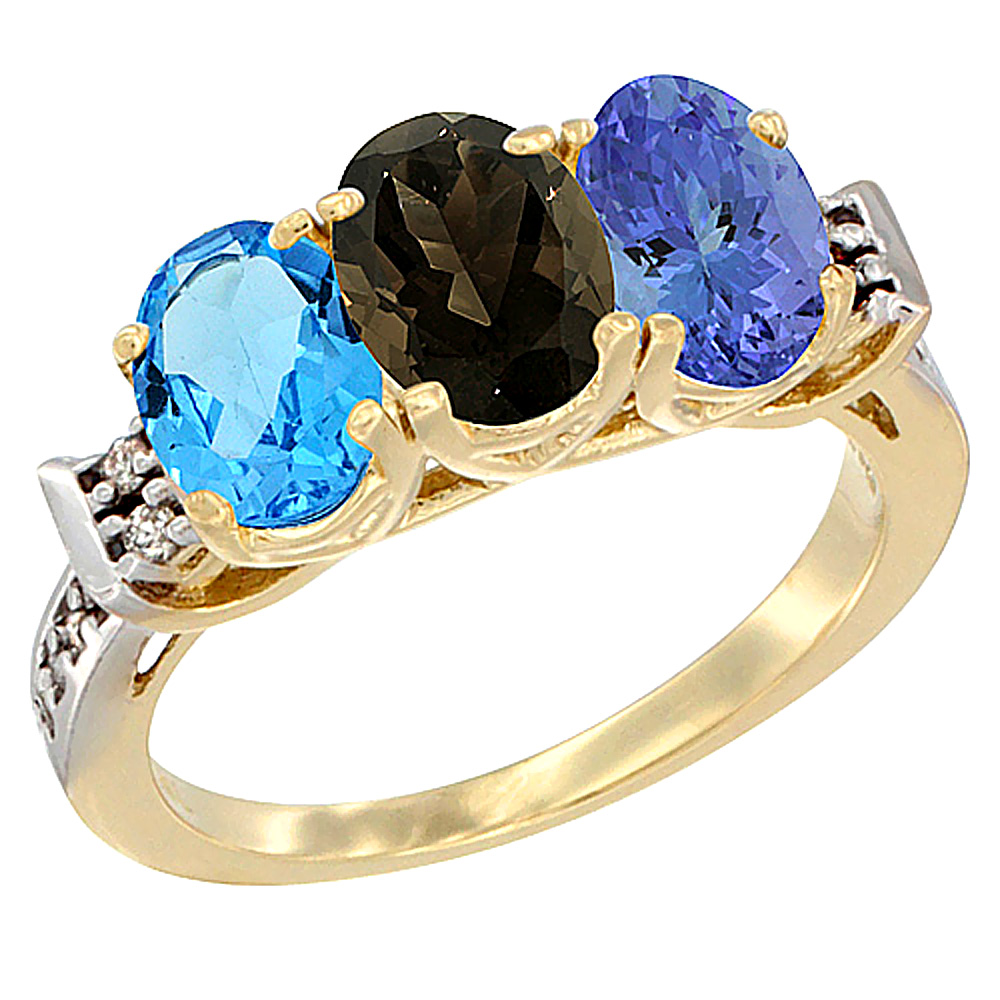 10K Yellow Gold Natural Swiss Blue Topaz, Smoky Topaz &amp; Tanzanite Ring 3-Stone Oval 7x5 mm Diamond Accent, sizes 5 - 10