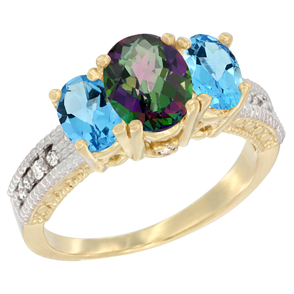 14K Yellow Gold Diamond Natural Mystic Topaz Ring Oval 3-stone with Swiss Blue Topaz, sizes 5 - 10