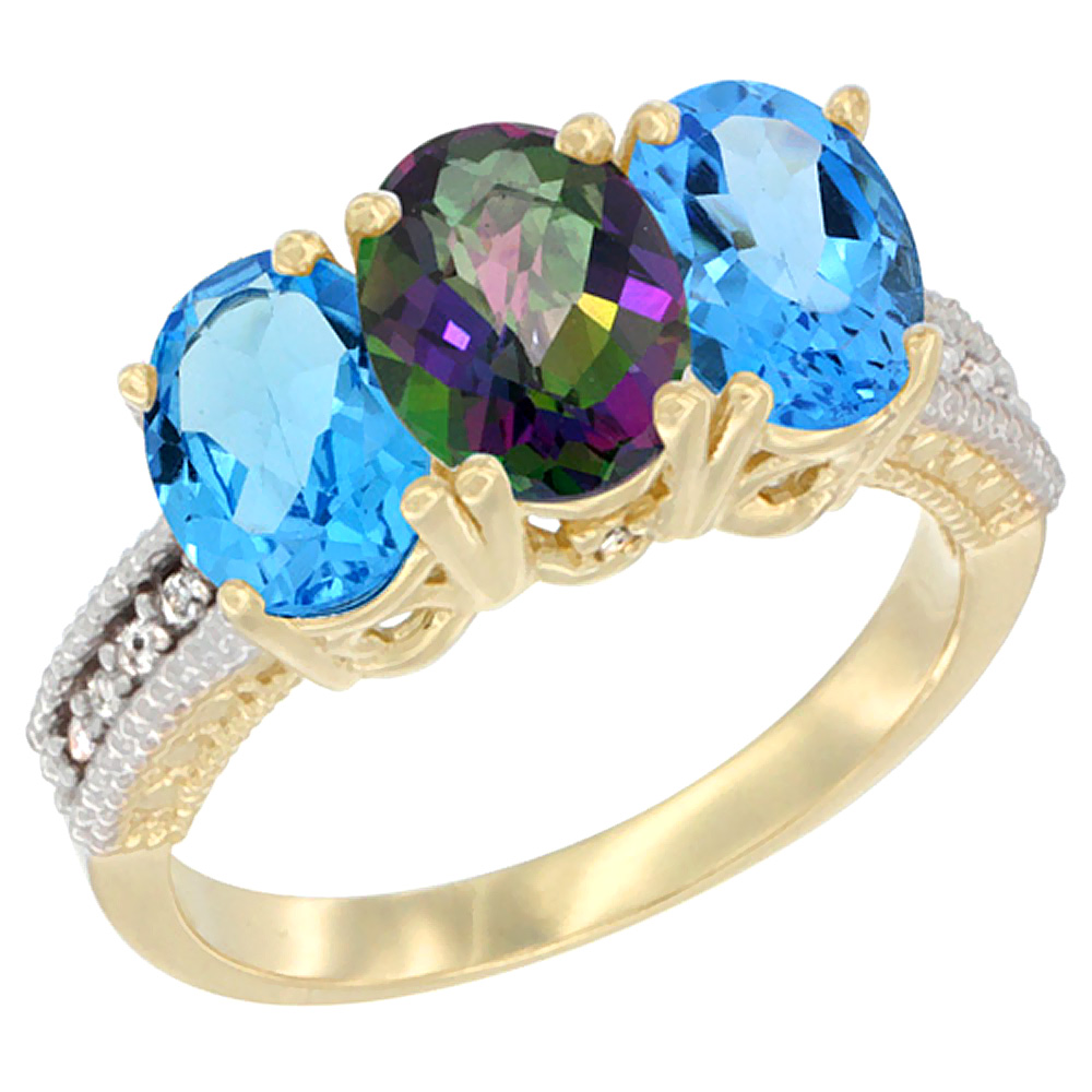 10K Yellow Gold Diamond Natural Mystic Topaz &amp; Swiss Blue Topaz Sides Ring 3-Stone Oval 7x5 mm, sizes 5 - 10