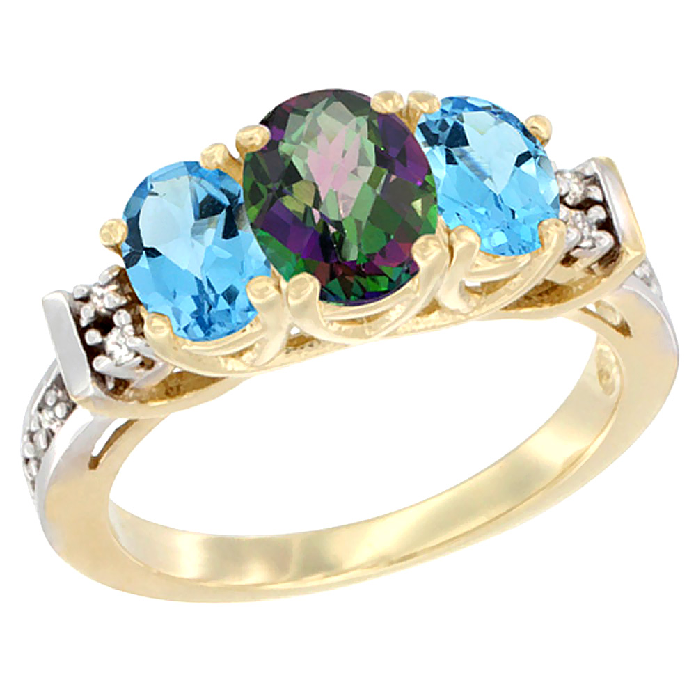 10K Yellow Gold Natural Mystic Topaz &amp; Swiss Blue Topaz Ring 3-Stone Oval Diamond Accent